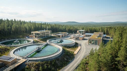 Aerial view of Mineral Tech Pro high-rate clarifiers integrated into a forested Nordic processing plant